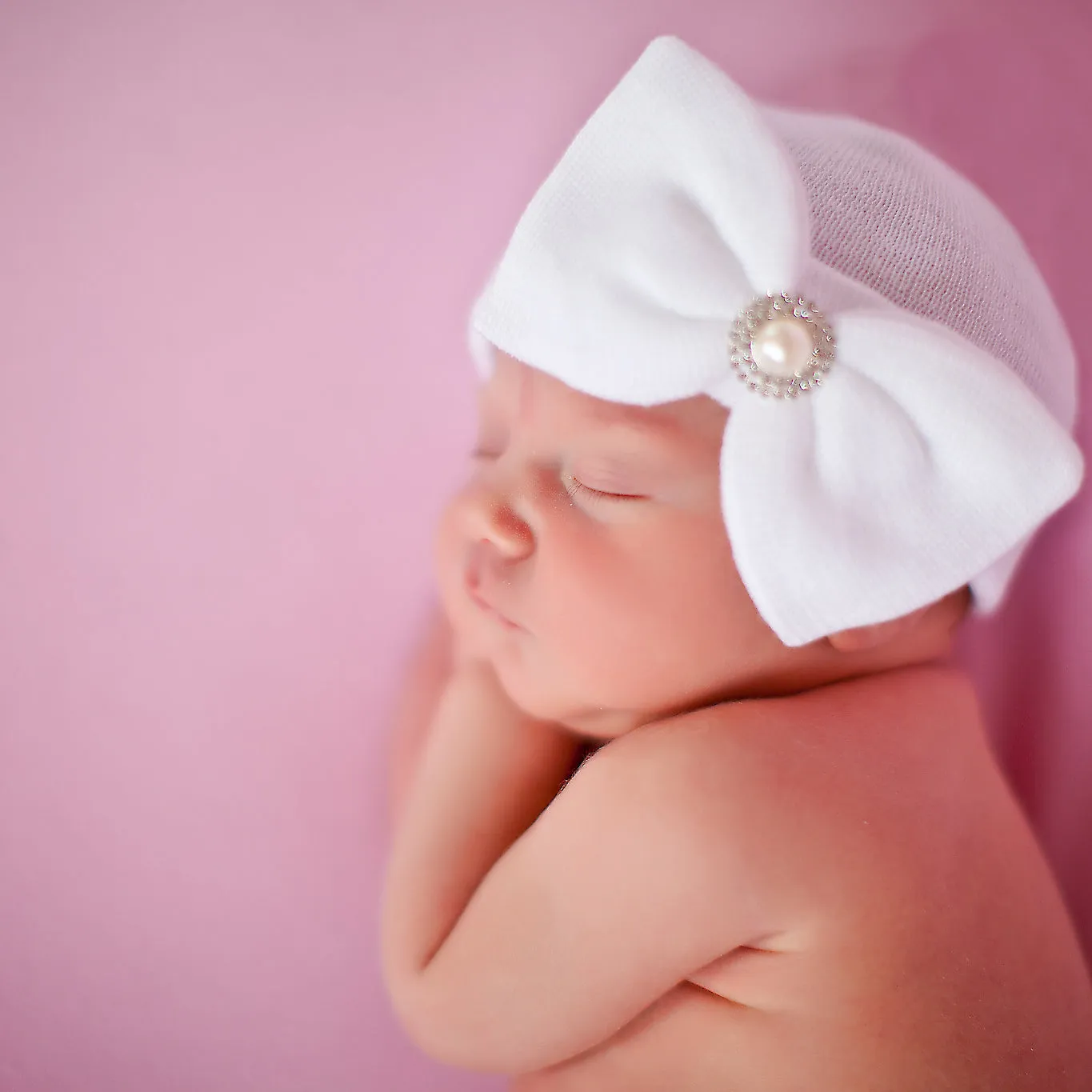 ilybean Aria Pink Big Bow Newborn Girl Hospital Hat with Pearl Rhinestone