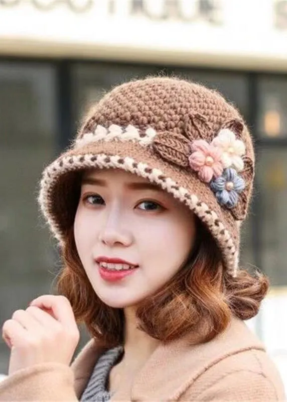 Knitted Women Autumn And Winter Classic Flower Plush Bucket Hat