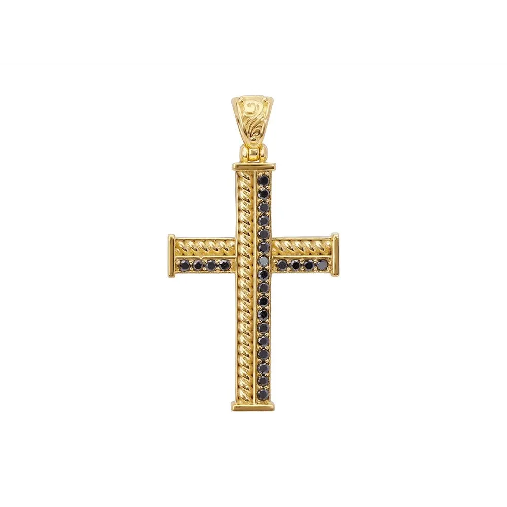 Konstantino Mens Kavafi 18K Yellow Gold Black Diamond Cross Pendant