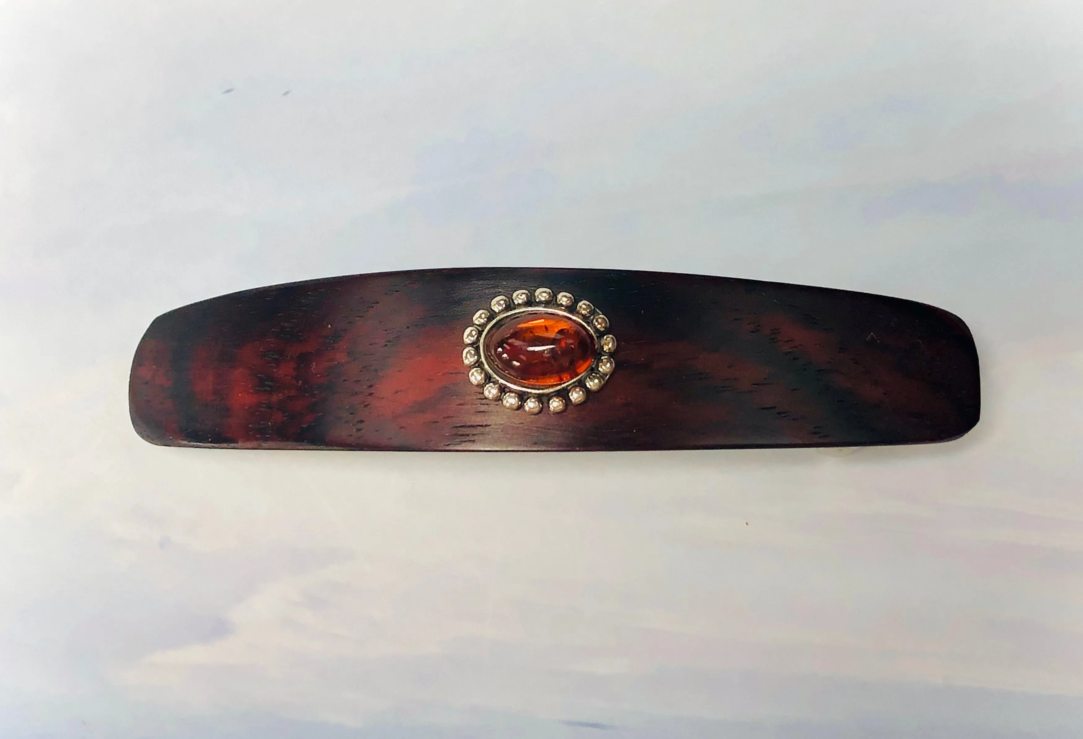 Large Cocobolo Rosewood Baltic Amber barrette, Gemstone Barrette