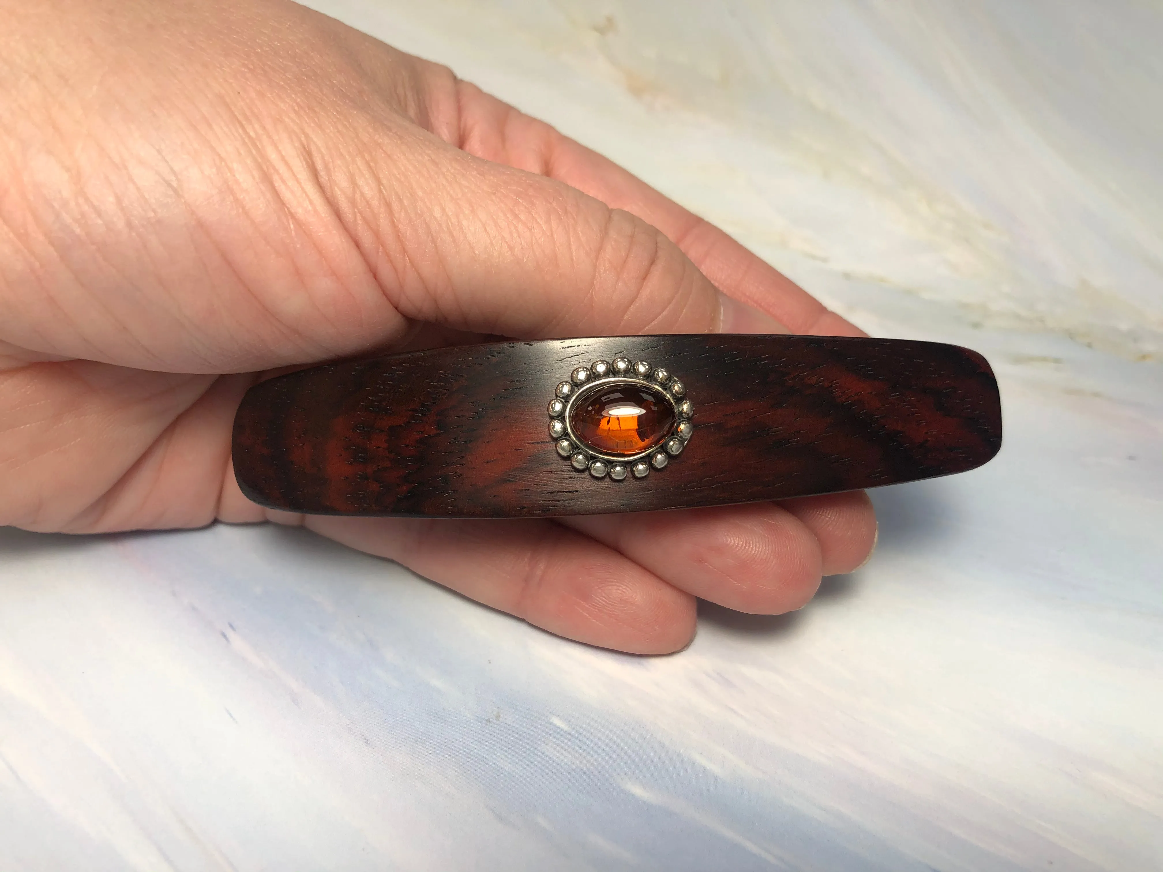 Large Cocobolo Rosewood Baltic Amber barrette, Gemstone Barrette