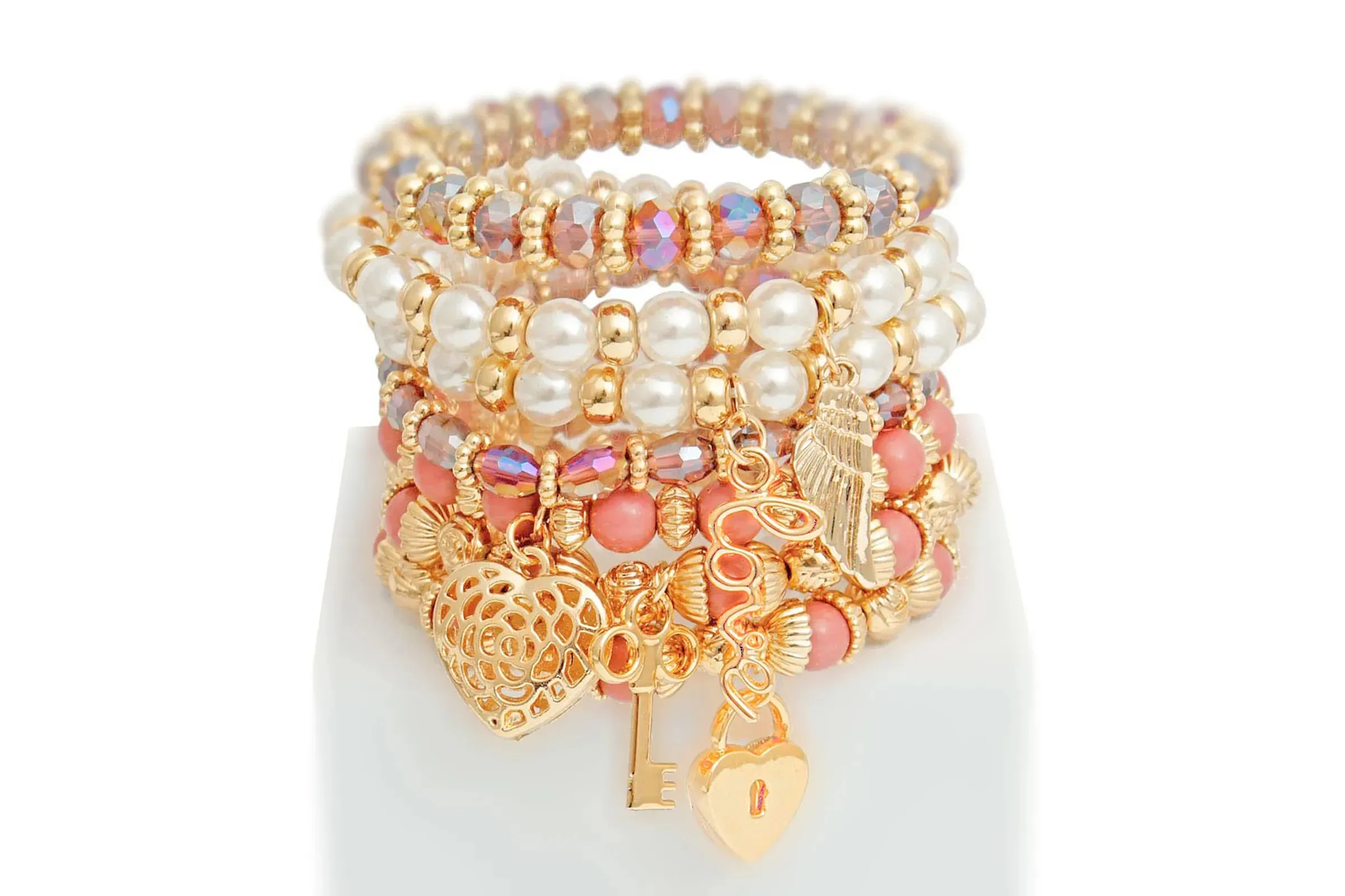 Mauve and Pearl Love Charm 5 Stacked Bracelets