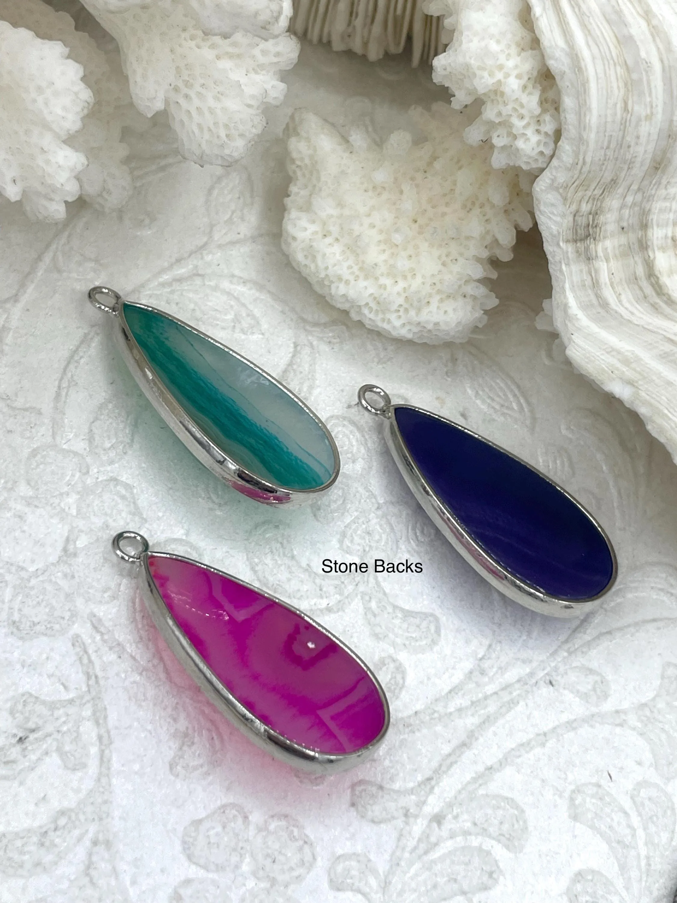 Natural Stone Teardrop Pendant with Wrapped Silver Bezel, Silver plated Brass Bezel, 3 Stone Colors to choose from, Stone Pendant, Fast Ship