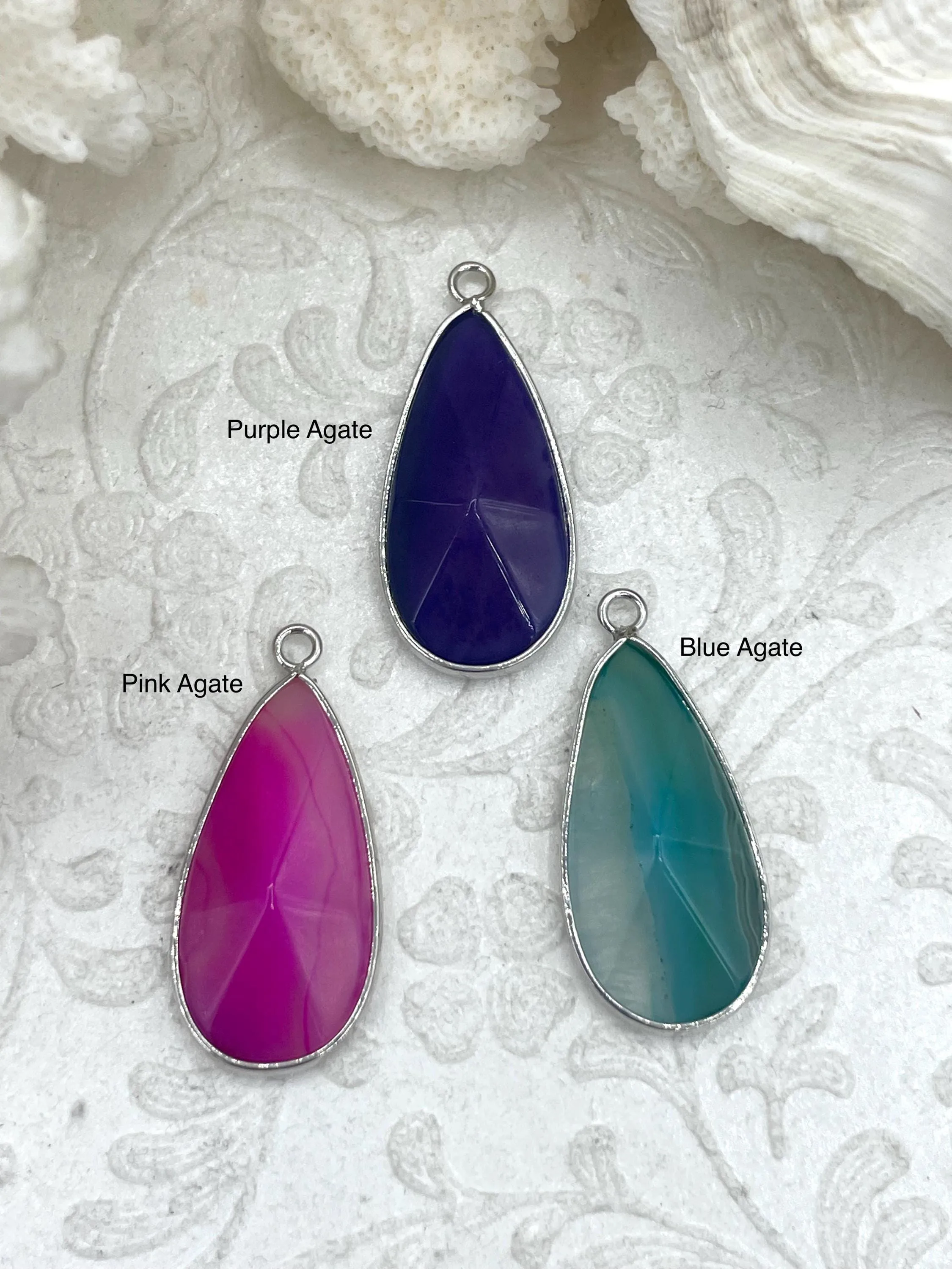 Natural Stone Teardrop Pendant with Wrapped Silver Bezel, Silver plated Brass Bezel, 3 Stone Colors to choose from, Stone Pendant, Fast Ship