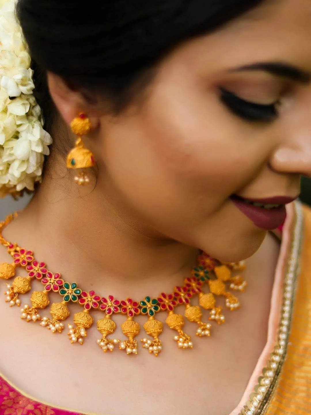 Pink And Green Antique Necklace Temple Jewellery Set