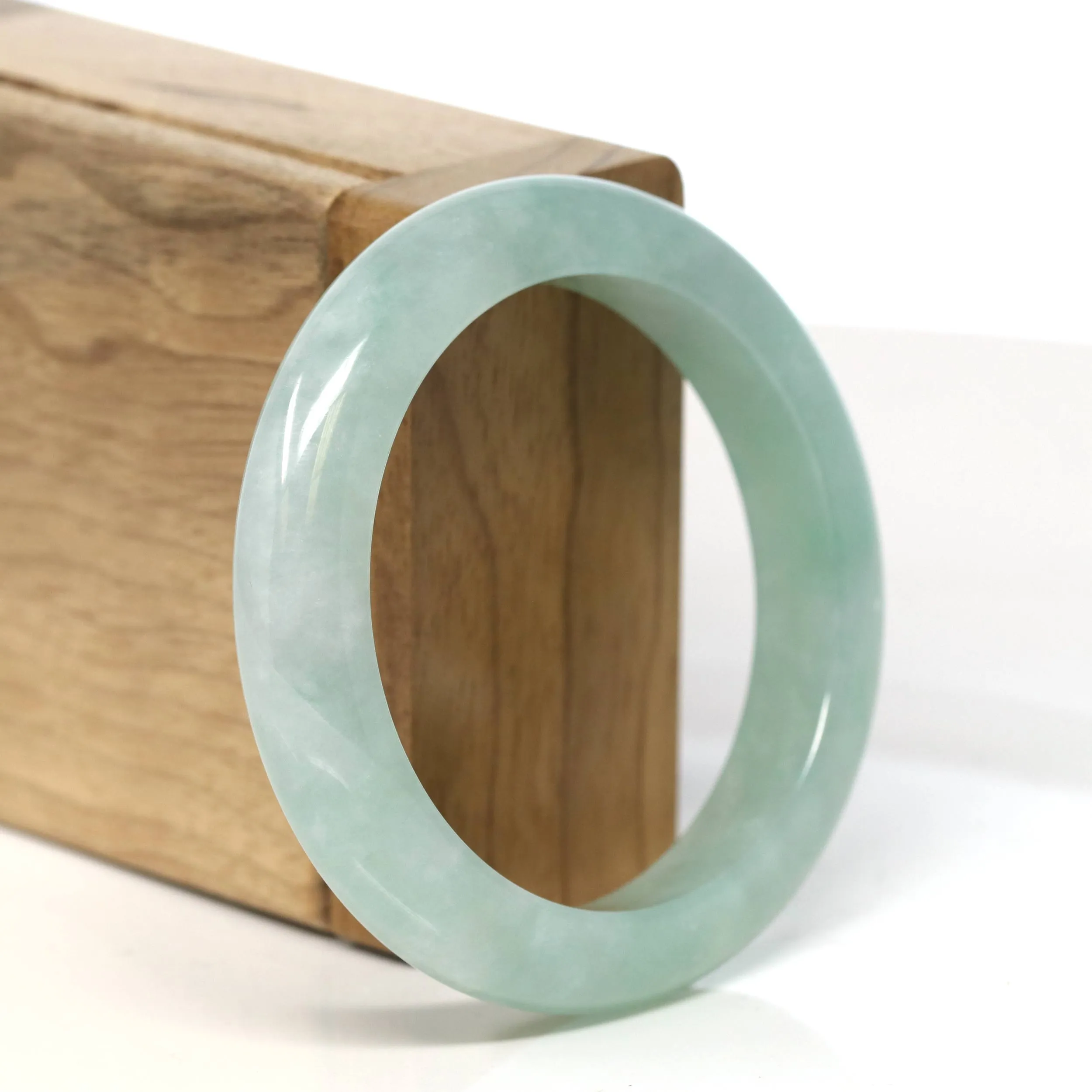 "Classic Princess Half Round" Icy Green Jadeite Jade Bangle (53.6 mm) #T480