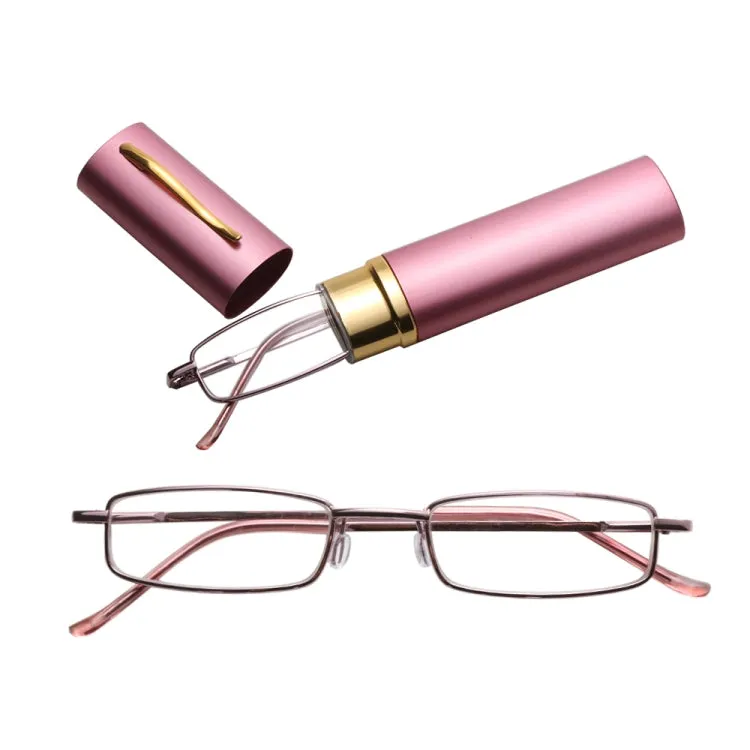 Reading Glasses Metal Spring Foot Portable Presbyopic Glasses with Tube Case  3.00D(Pink)