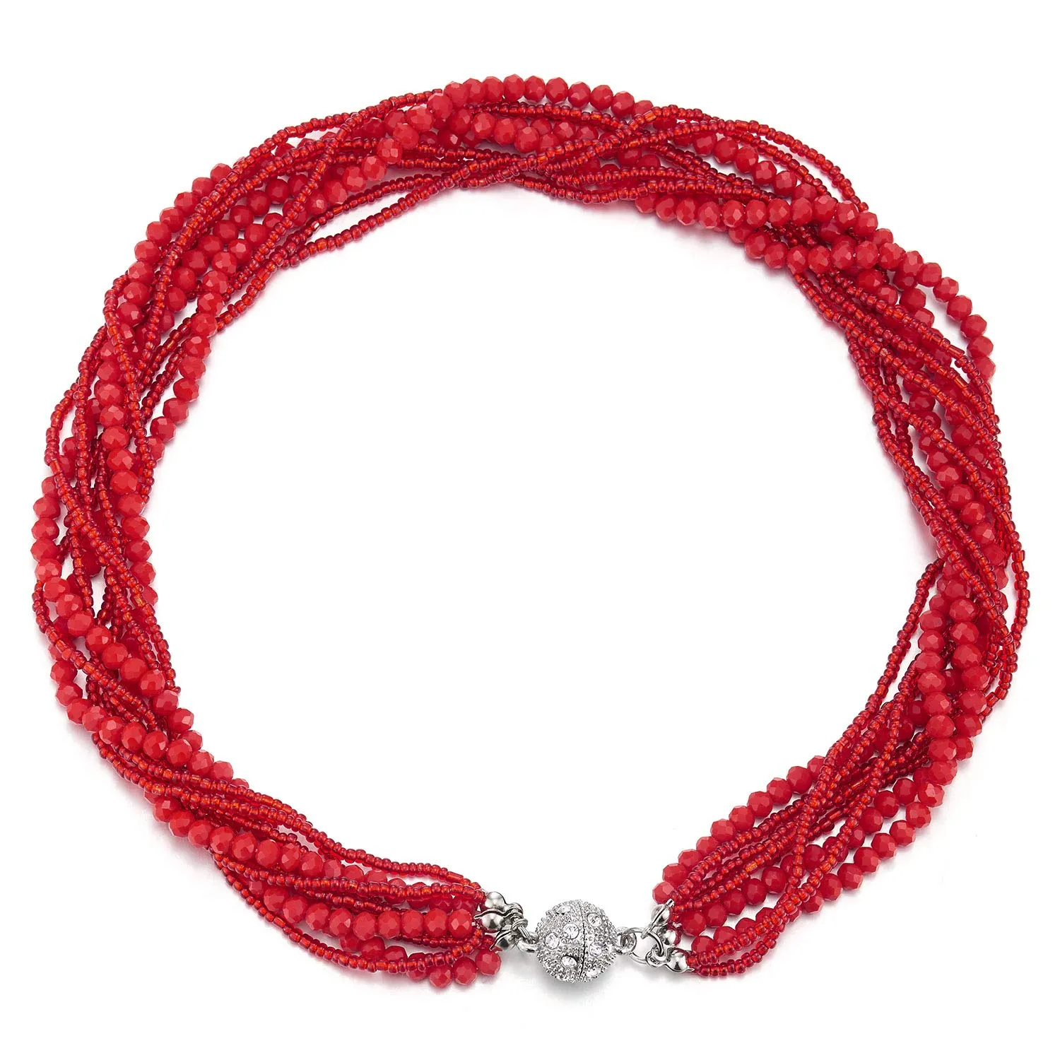 Red Multi-Layer Beads Crystal Braided Chain Choker Collar Magnetic Clasp,Statement Necklace, Bracelet