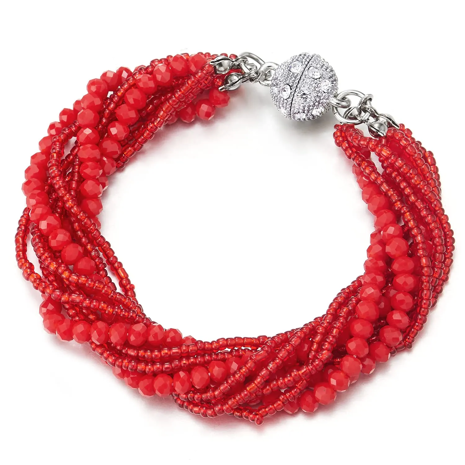 Red Multi-Layer Beads Crystal Braided Chain Choker Collar Magnetic Clasp,Statement Necklace, Bracelet