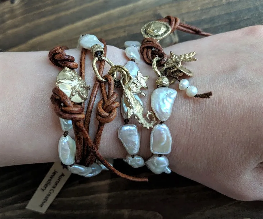 Seahorse Boho Baroque Pearl Leather Wrap Bracelet - Necklace 2in1