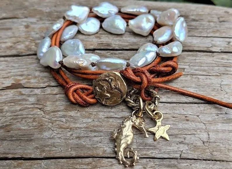 Seahorse Boho Baroque Pearl Leather Wrap Bracelet - Necklace 2in1