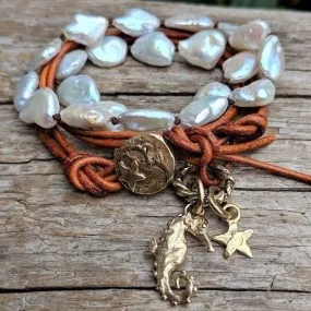 Seahorse Boho Baroque Pearl Leather Wrap Bracelet - Necklace 2in1