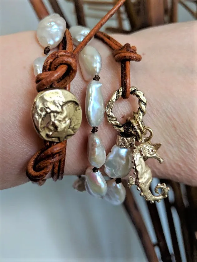 Seahorse Boho Baroque Pearl Leather Wrap Bracelet - Necklace 2in1