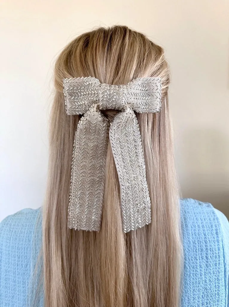 Silver Beaded Hair Bow Barrette