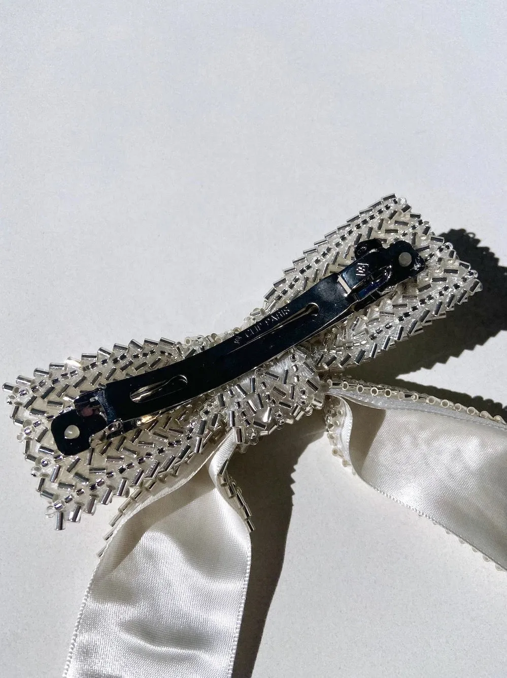 Silver Beaded Hair Bow Barrette