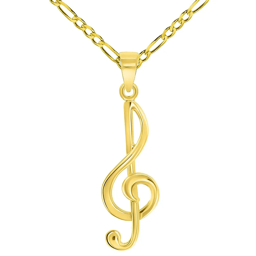 Solid 14k Yellow Gold G Clef Musical Symbol Charm Music Note Pendant with Figaro Chain Necklace