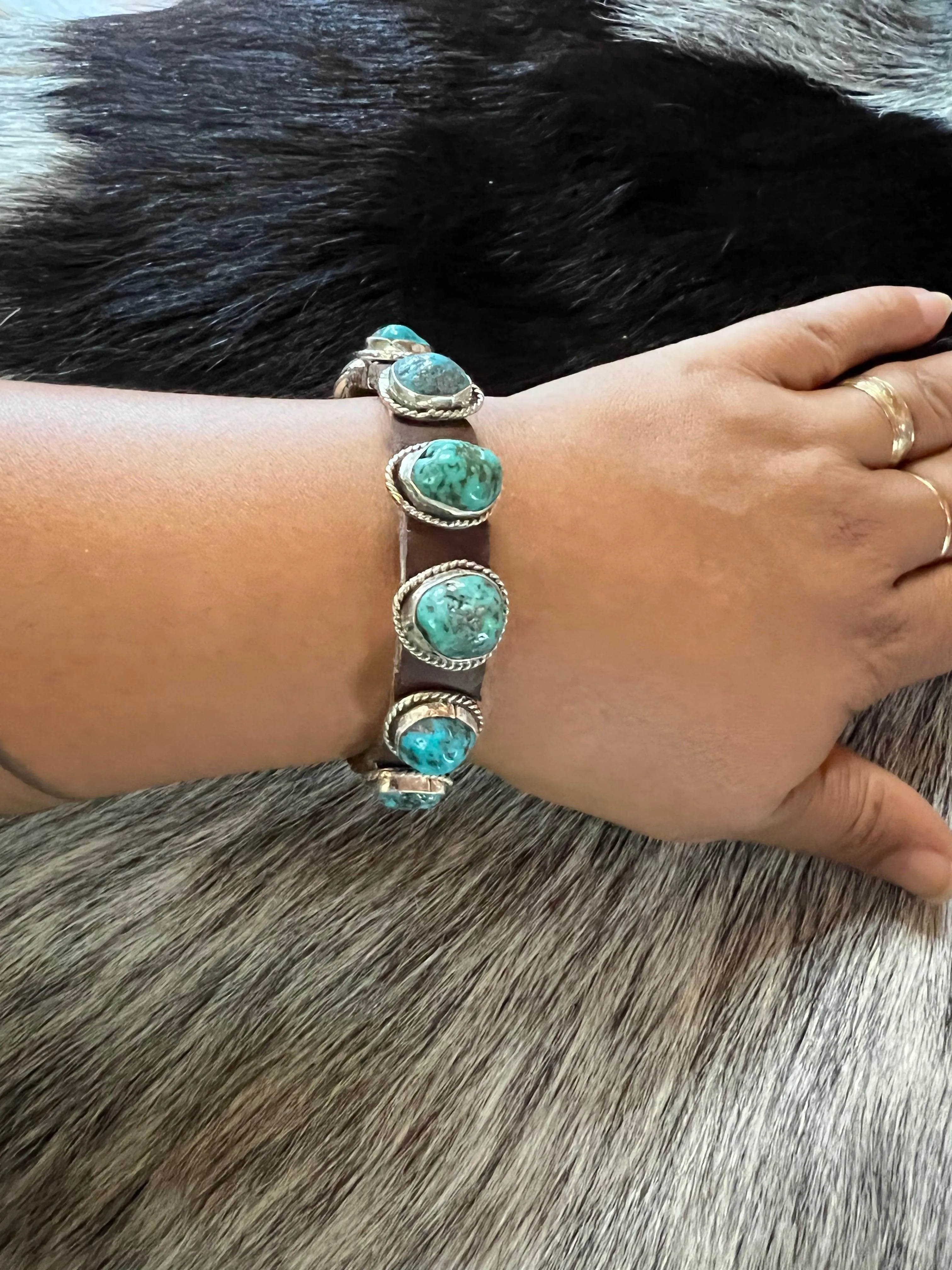 Sterling Silver & Kingman Turquoise Belinda Woody Adjustable Leather Belt Style Bracelet - Handmade Navajo