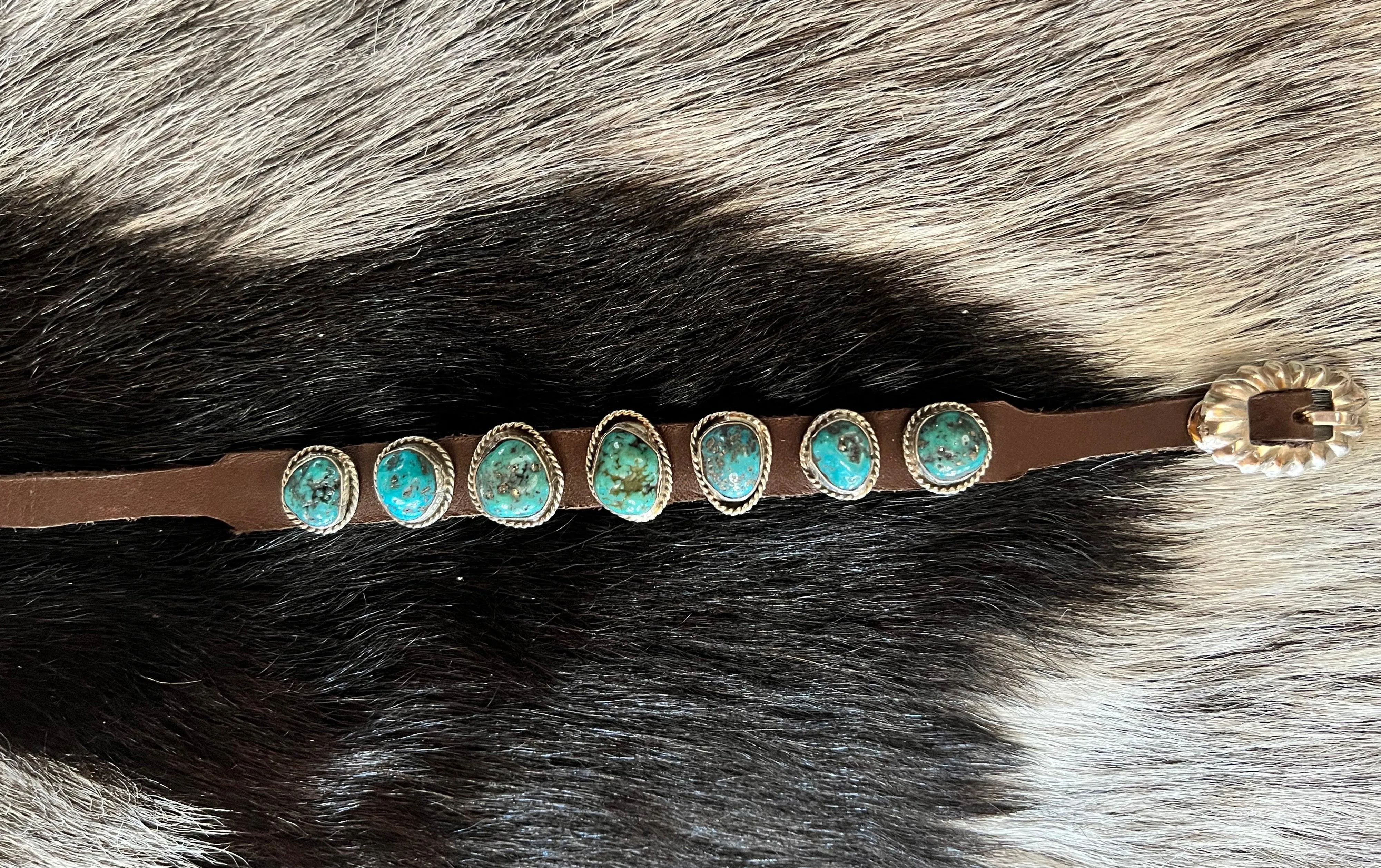 Sterling Silver & Kingman Turquoise Belinda Woody Adjustable Leather Belt Style Bracelet - Handmade Navajo