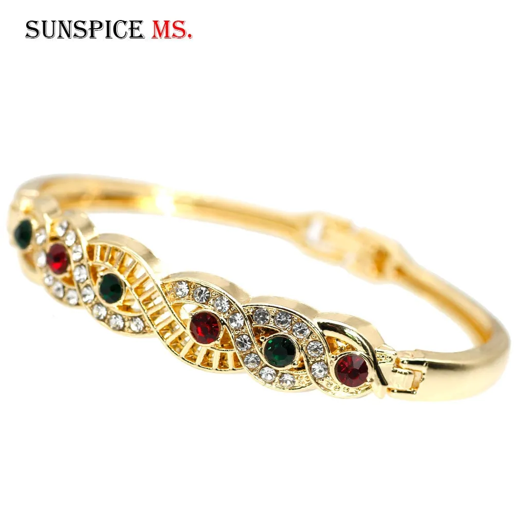 Sunspicems Gold Color Cuff Bracelet Morocco Women Ethnic Wedding Jewelry DuBai Rhinestone Thin Bangles Bridal Gift Wholesale