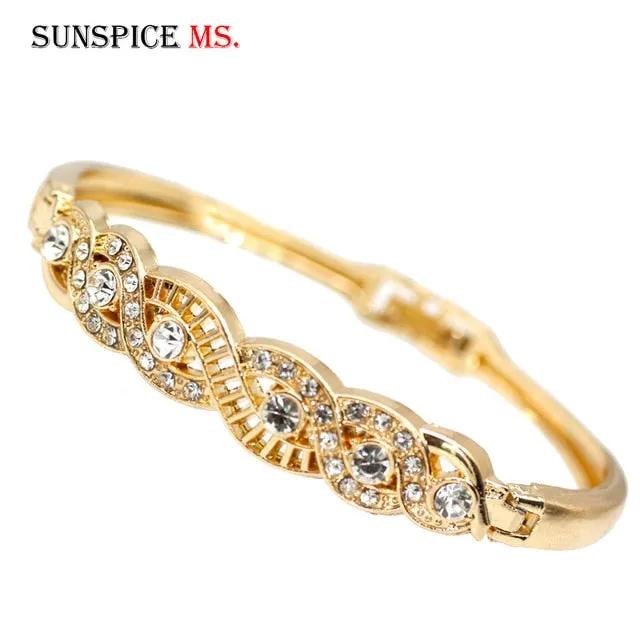 Sunspicems Gold Color Cuff Bracelet Morocco Women Ethnic Wedding Jewelry DuBai Rhinestone Thin Bangles Bridal Gift Wholesale