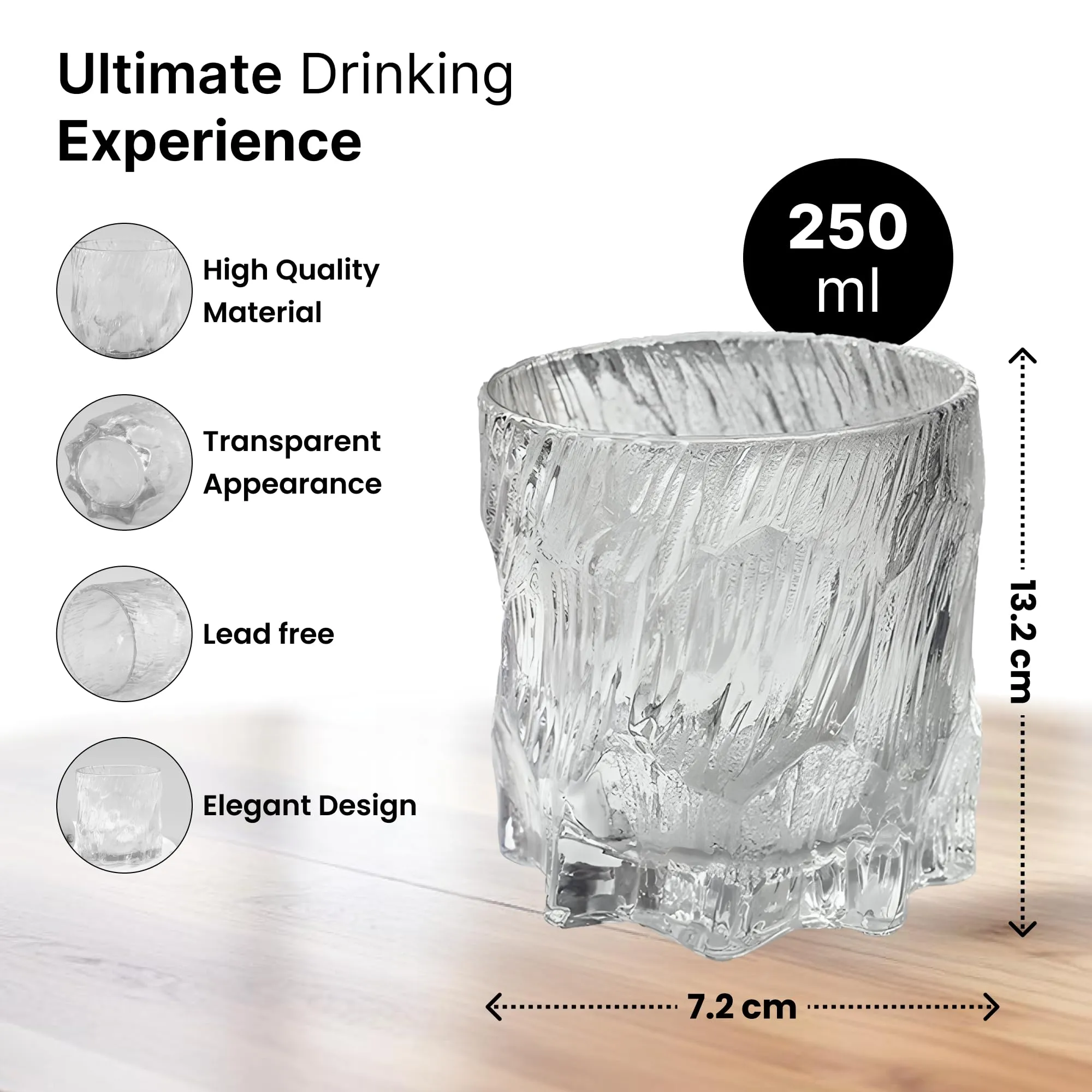 UMAI Whiskey Glasses Set of 4 (250ml Each) | Lead Free Neat Whiskey Glass | Heavy Bottom Drinking Glass | Crystal Glass for Bar Home | Glass for Drinks | Cocktail Glasses | Highball Glass