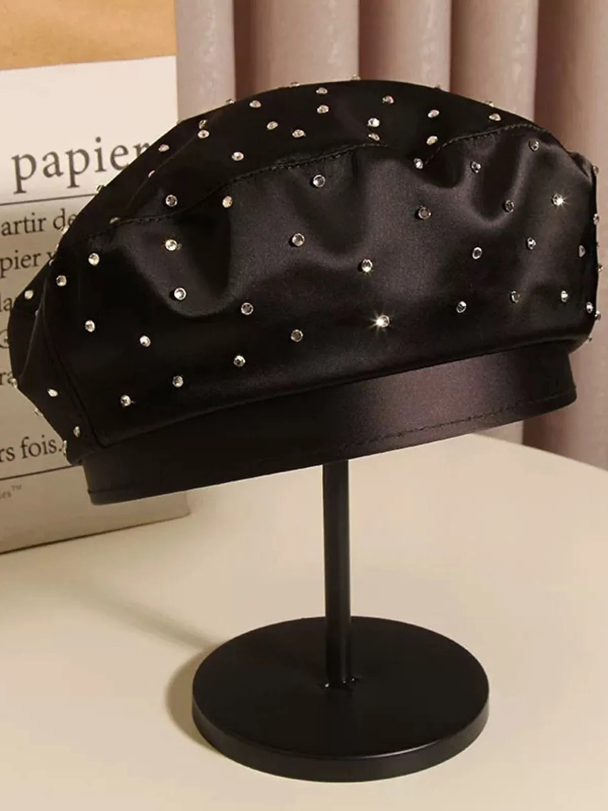 Vintage Black Rhinestoned Satin Beret Hat