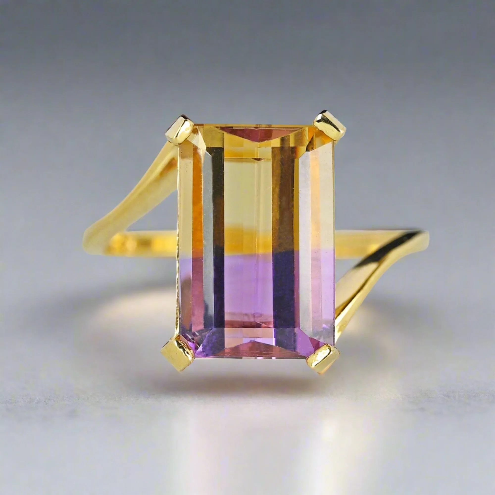 Vintage Emerald Cut Ametrine Cocktail Ring, Citrine Amethyst