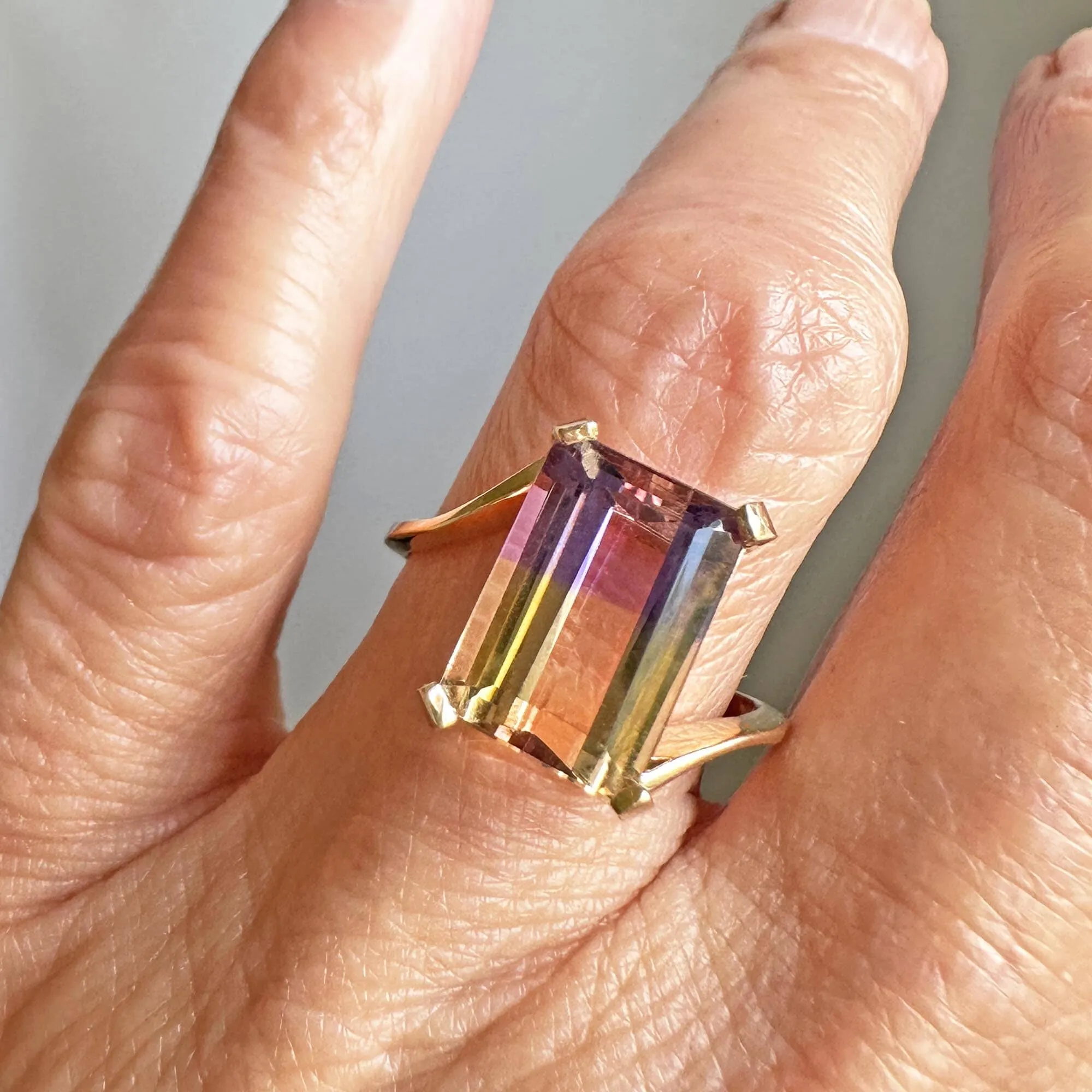 Vintage Emerald Cut Ametrine Cocktail Ring, Citrine Amethyst