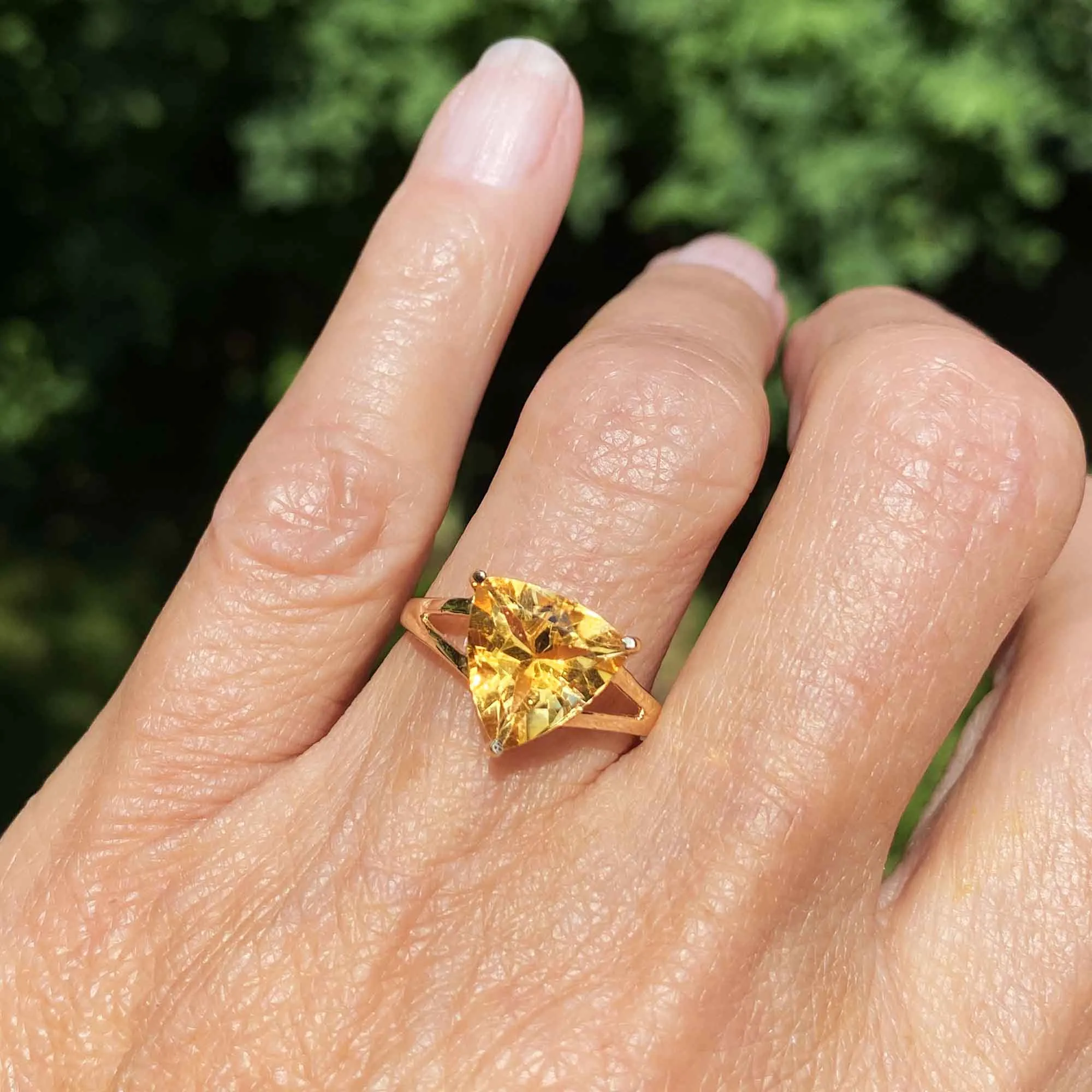 Vintage Trillion Cut Citrine Solitaire Ring in Gold