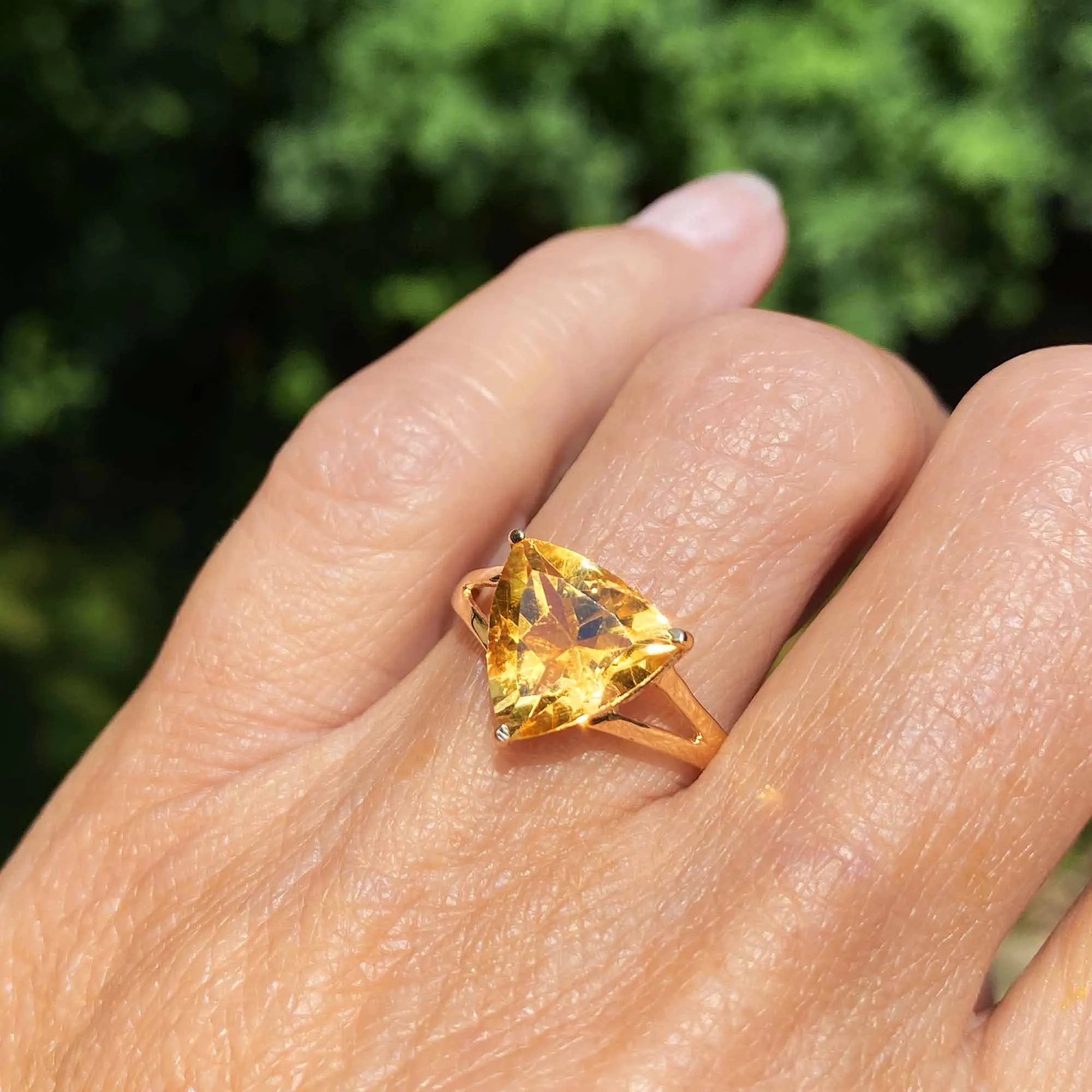 Vintage Trillion Cut Citrine Solitaire Ring in Gold