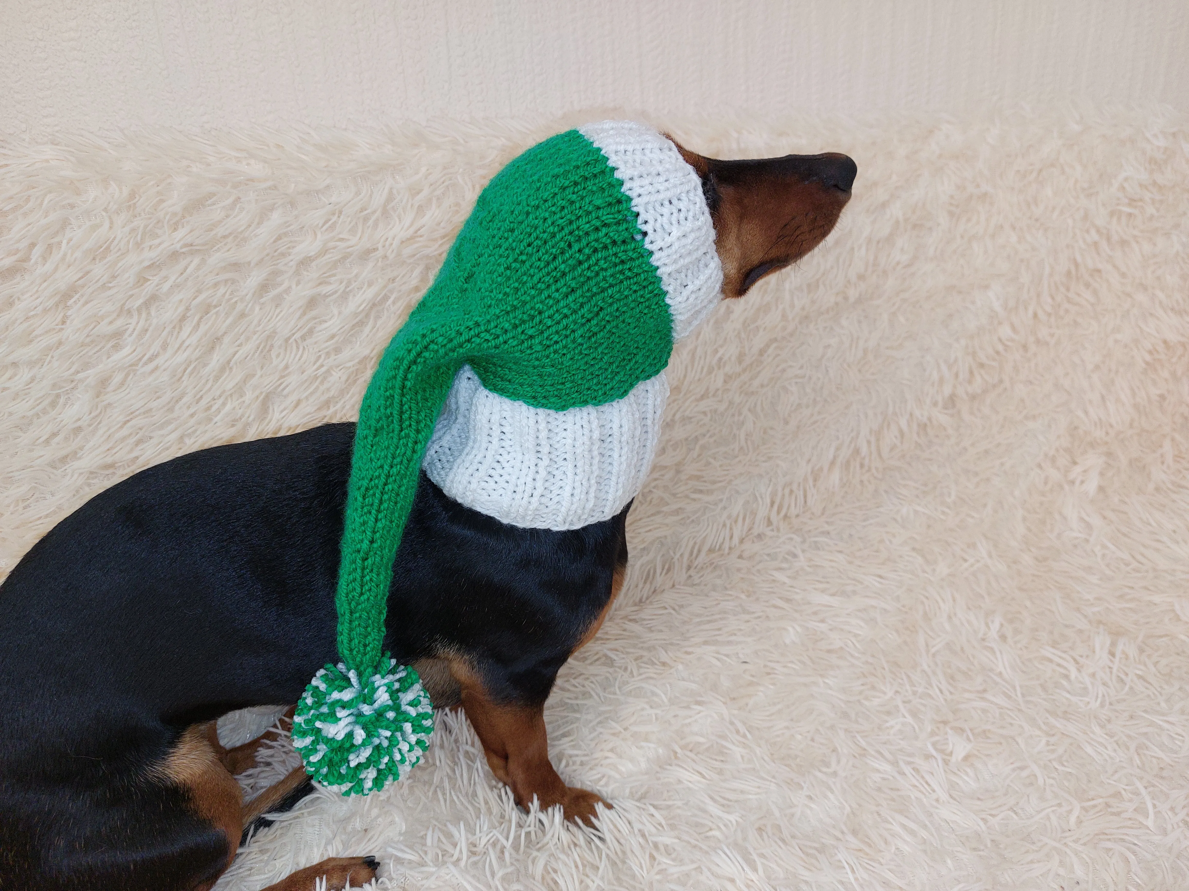 Wiener Knitted Elf Hat with Pompom, hat elf for dachshund